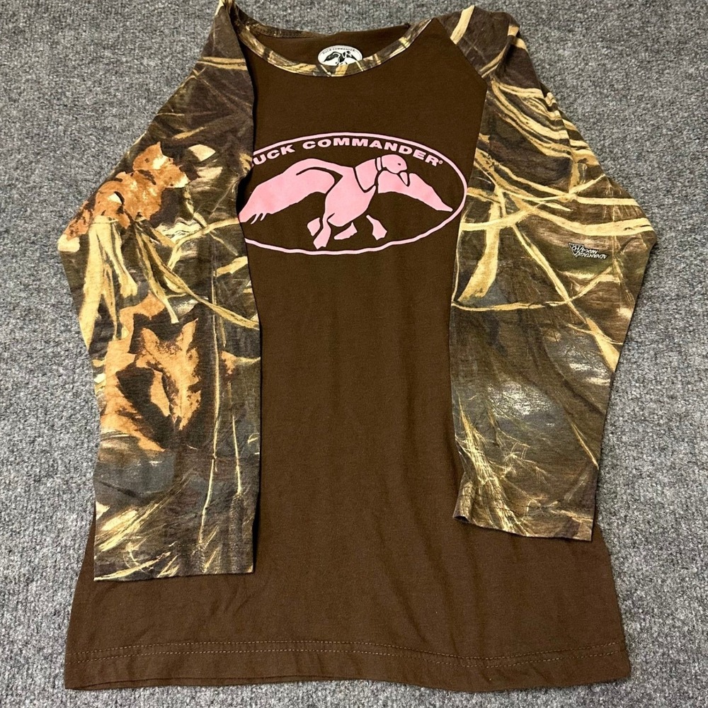 Duck Commander Shirt Womens Size Small Brown Pink Camo Raglan Long Sleeve Top